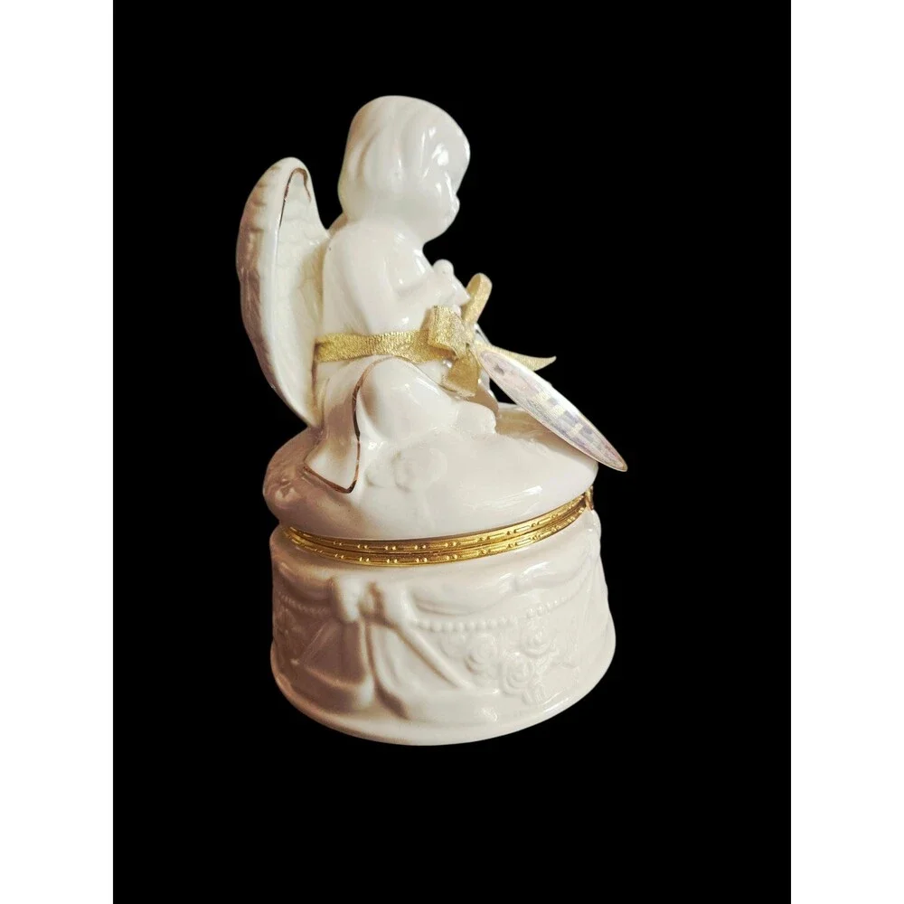 Vintage Style Ceramic Angel Trinket Box, White & Gold Angel Keepsake Box